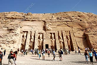 Crowd of tourists at Nefertari Temple in Abu Simbel, egypt