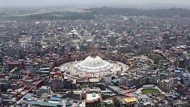 Nepal, Kathmandu. Boudhanath stupa. Aerial footage