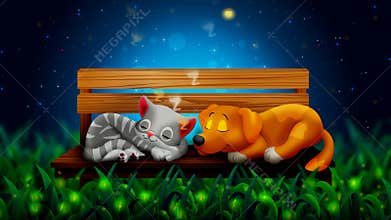 Dog and cat cartoon are sleeping together, and beautiful fireflies in the night