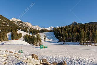 Fairmont Hot Springs, CANADA - MARCH 21, 2019: Mountain Resort view with Chairlift early spring