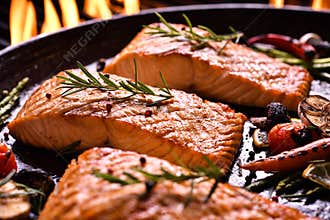 Grilled salmon fish with various vegetables on pan