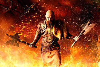Viking with axes in hands standing in fire