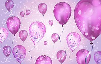 Elegant Pink Flying helium Balloons with Bokeh Effect and glitter. Wedding, Birthday and Anniversary Background. Vector
