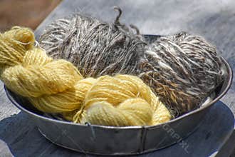 Bowl of Yellow and Gray Wool Yarn