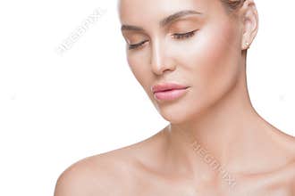 Woman portrait. Close up view of a woman with closed eyes. Soft clean healthy skin. Natural beauty. Skin care concept