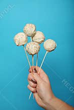 Birthday food - cake pop. White chocolate sweets on stick