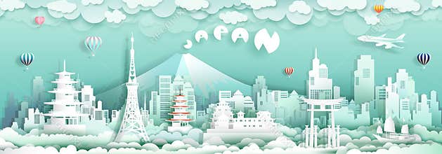 Travel to japan with panorama view landmarks of asian architecture