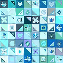Seamless vector pattern, cute decorative geometrical hand drawn with childlike elements, dots, square, circle, cross, rectangle,