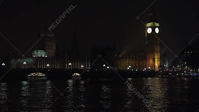 Big Ben in London by Night, Traffic on Westminster Bridge, British Old Clock