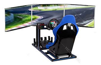 DIY simracing aluminum simulator rig for video game racing. Blue motorsport car bucket seat steering wheel pedals and tripe screen