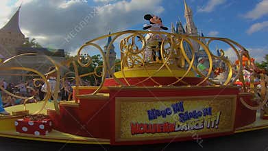 Orlando, Florida. April 02, 2019. Donald Duck in Mickey and Minnie`s Surprise Celebration parade on lightblue sky background at Wa