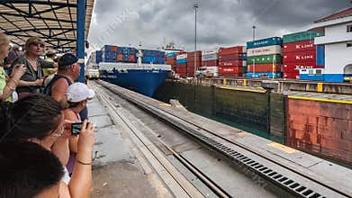 Tourists at visitor area of the Panama Canal-Gatun Locks