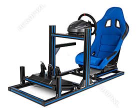 DIY simracing aluminum race simulator rig for video game racing. Blue motorsport car bucket play seat steering wheel pedals