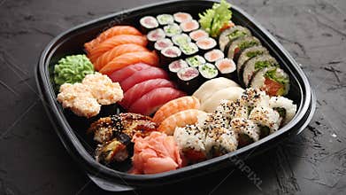 Various kinds of sushi on plate or platter set