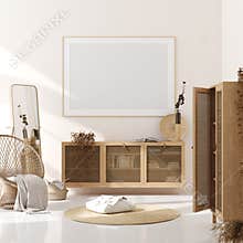 Mock up frame in home interior background, beige room with natural wooden furniture, Scandinavian style
