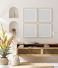 Mock up frame in home interior background, beige room with natural wooden furniture, Scandinavian style