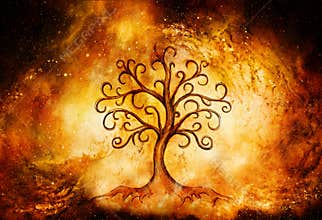 Tree of life symbol on structured and space background, yggdrasil.