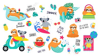Summer fun illustration with cute characters of koalas and sloths, having fun. Pool, sea and beach summer activities