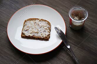 Bread and dripping or crackling fat or lard with greaves called Schmalzbrot in Germany