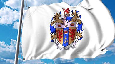 Waving flag with Kings College London emblem. 4K editorial clip