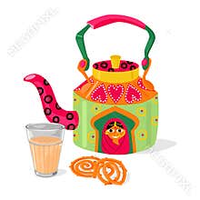 Beautiful indian kettle and masala chai tea. Traditional sweets jalebi. Vector illustration