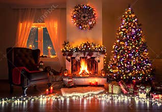 Beautiful decorated living room with a christmas tree and a fire place
