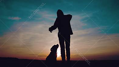 Portrait of a child at sunset with a dog.