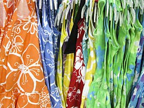 Colourful spring dresses displayed