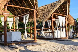 Massage canopies on the beach. Riviera Maya, Cancun, Mexico.