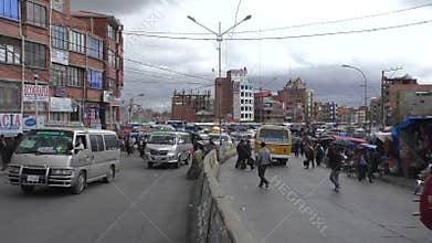 Transport traffic, market and crowd of people in El Alto