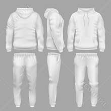 White hooded sweatshirt with sports trousers. Active sport wear hoodie and pants vector templates
