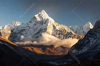 Ama Dablam 6856m peak near the village of Dingboche in the Khumbu area of Nepal, on the hiking trail leading to the
