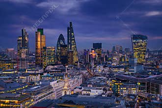 London, England - Panoramic skyline view of Bank district of London with the skyscrapers of Canary Wharf