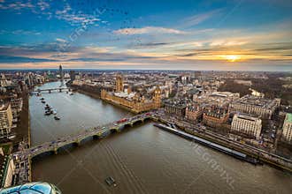 London, England - Aerial view of central London, with Big Ben, Houses of Parliament, Westminster Bridge
