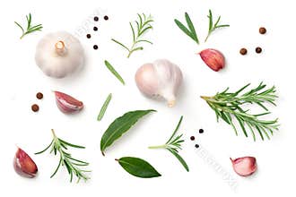 Garlic, Rosemary, Bay Leaves, Allspice and Pepper Isolated on White Background
