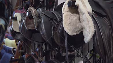 Tack room with equestrian equipment.