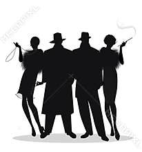 Silhouettes of two men and two flapper girls 20s style isolated