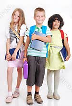 School children with bags and books isolated