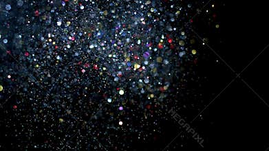 Beautiful animation of multi-colored flying flickering particles scattered on a black background