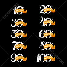 Set of anniversary signs from 10th to 100th. White numbers on a black background.
