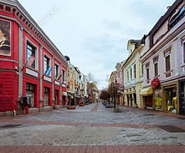 Main pedestrian area in the center of Plovdiv city in Bulgaria - no people