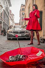 Street singer woman in red