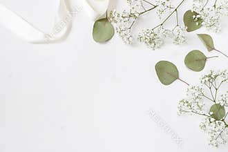 Styled stock photo. Feminine wedding desktop mockup with baby`s breath Gypsophila flowers, dry green eucalyptus leaves