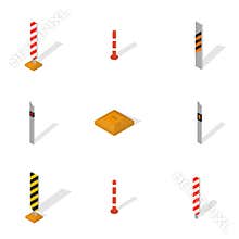 Set of protective barriers and road columns in 3D, vector illustration.