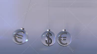 Swinging Newton`s cradle made of dollar and euro currency symbols