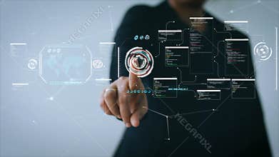 4K Hand of business woman pointing to HUD user interface for futuristic dark and grain processed