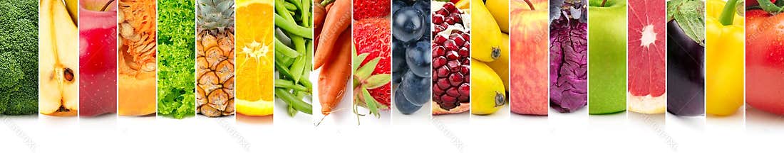 Panoramic set fruits, vegetables and berries on white