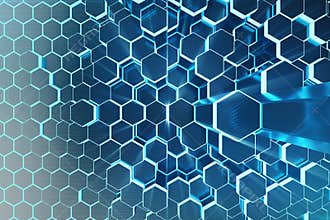3D illustration Abstract blue of futuristic surface hexagon pattern with light rays. Blue tint hexagonal background.