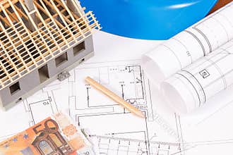 Currencies euro, electrical diagrams, accessories for engineer jobs and house under construction, building home cost concept
