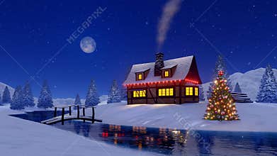 Rustic house and christmas tree at snowy night 4K